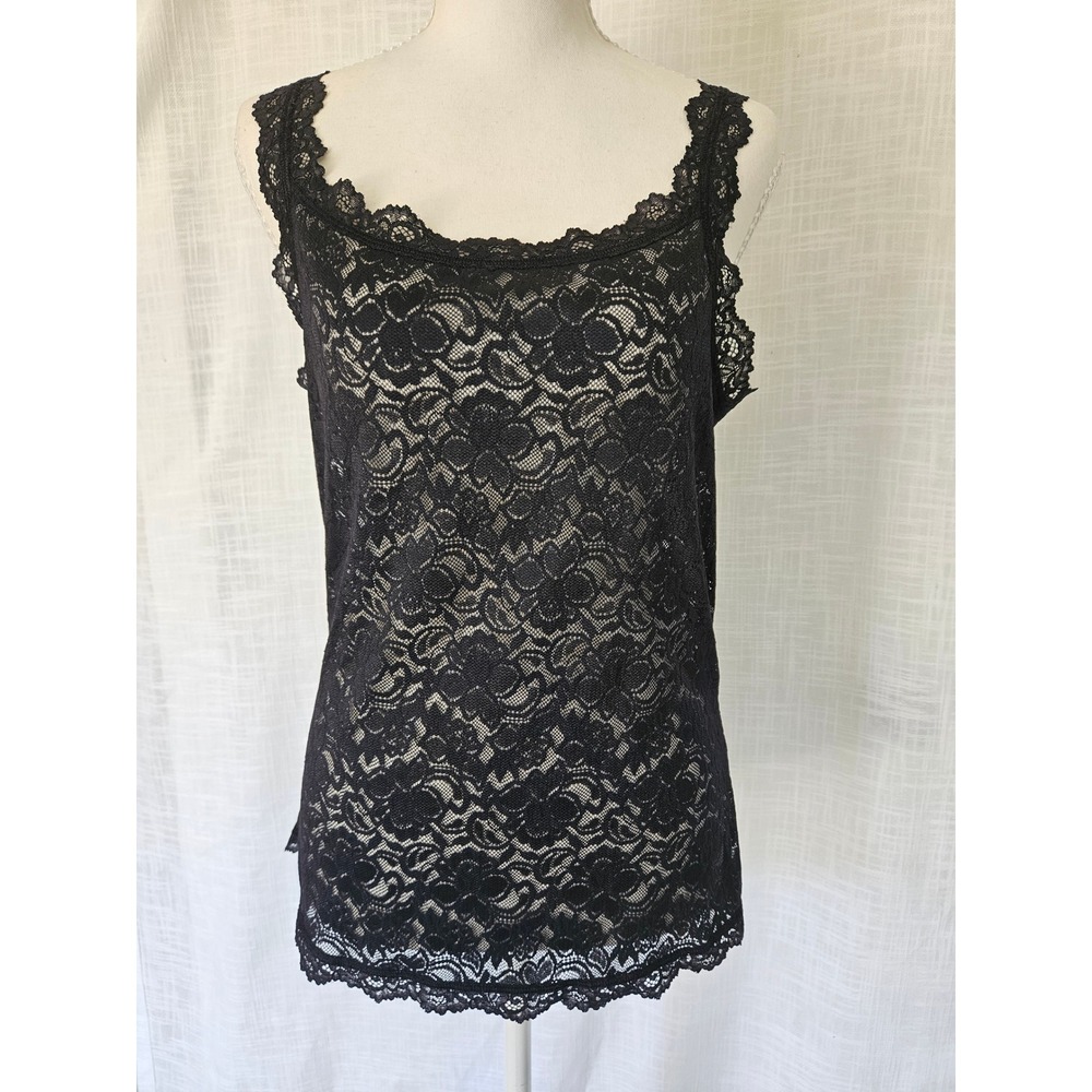 Quince Lace Cami Women L Black Sheer Floral Minimalist Coquette Romantic Boho